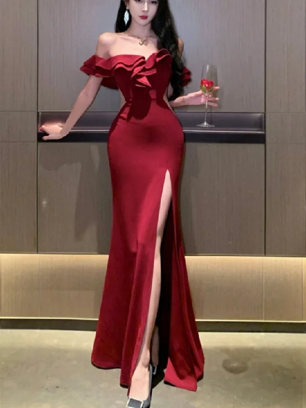 lace-up dressRed Off Shoulder Mermaid Ruffle Long Party Dress with Slit, DP2842