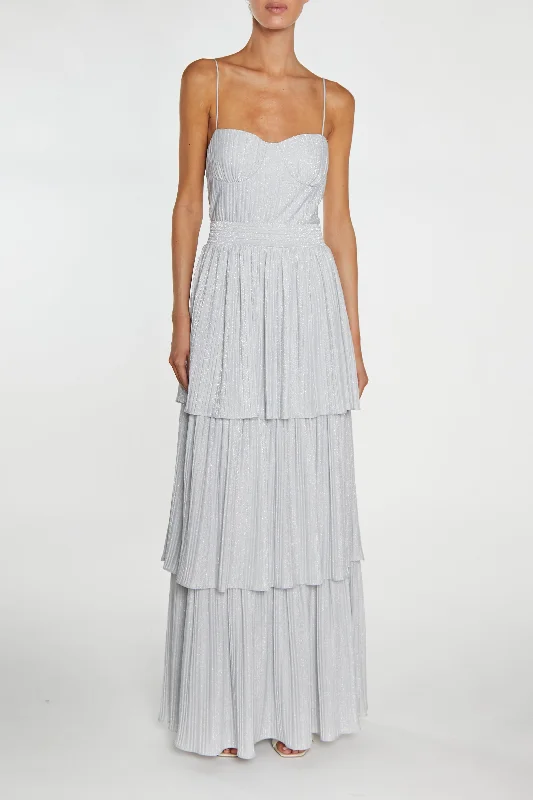 summer dressJayda Silver Pleated Metallic Tiered Maxi Dress