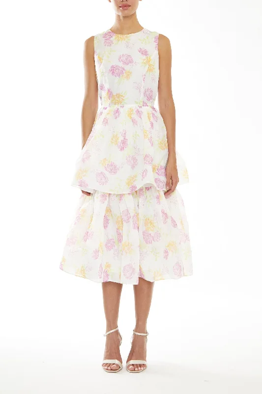 trendy dressQuinn Bright-Pastel Floral Sleeveless Tiered Midi-Dress