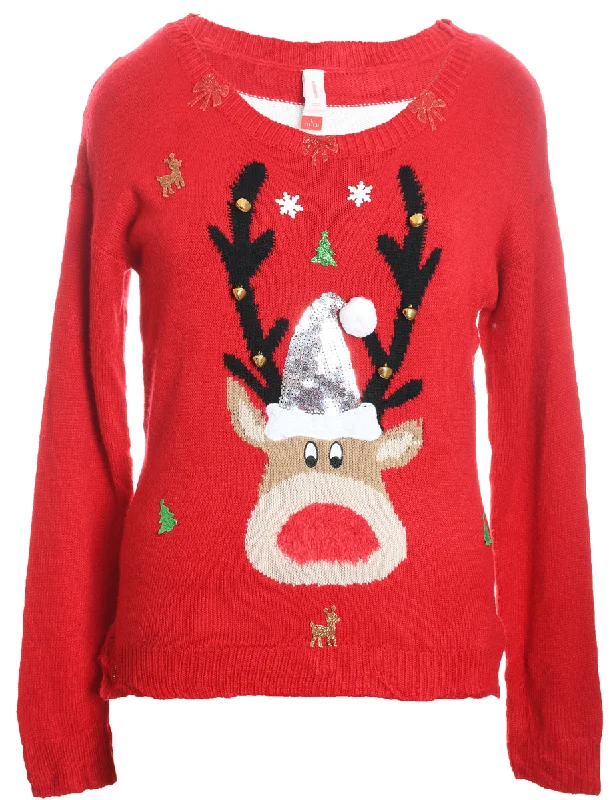 comfortable outerwearReindeer Design Red & White Knit Christmas Jumper - L