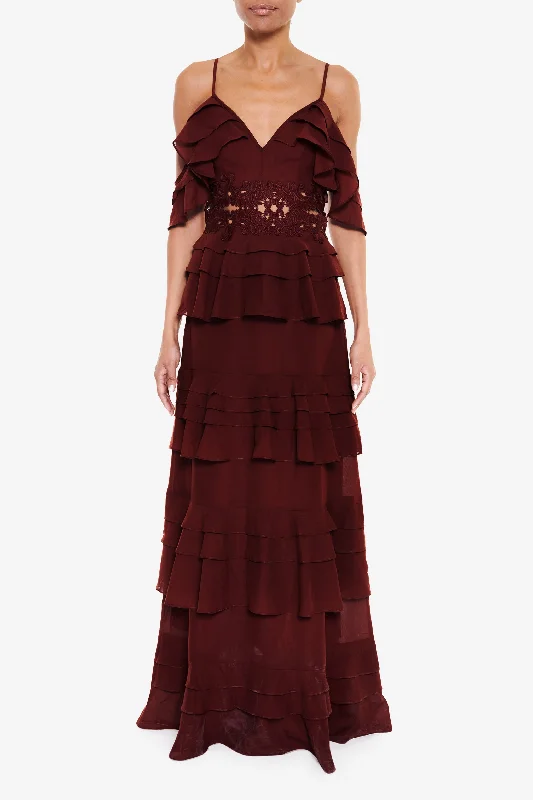 high-waisted dressOlivia Burgundy Cold-Shoulder Tiered Ruffle Maxi-Dress