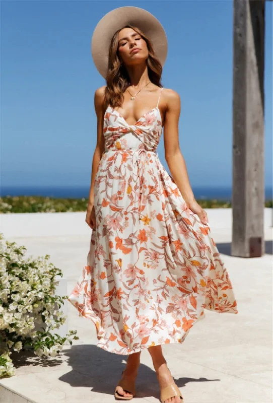 off-the-shoulder dressUzma Floral Smocked Tie Maxi Dress - Coral Pink