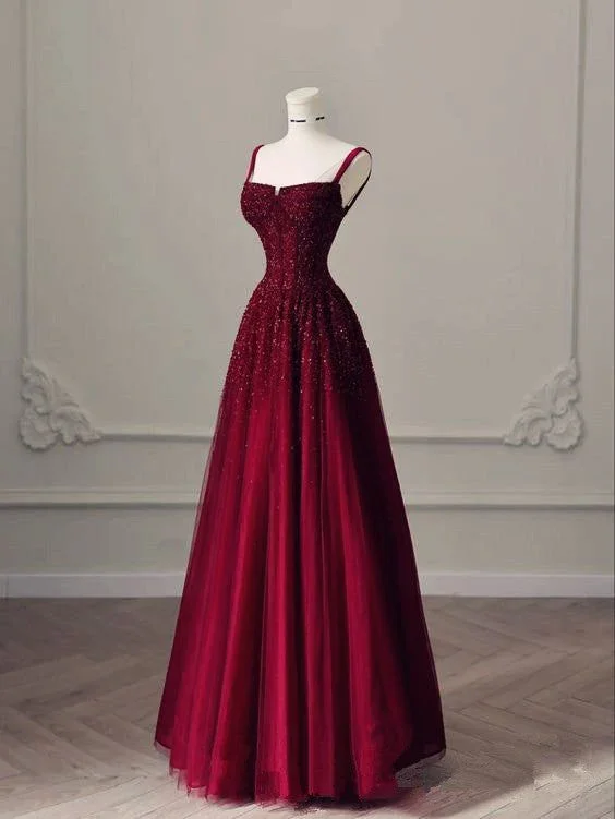 long sleeve dressShiny Burgundy Straps A-Line Long Formal Prom Dress Birthday Outfits, DP3586