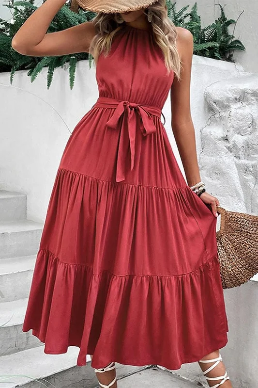 chic wrap dressTIED WAIST TIERED HALTER DRESS