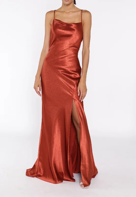 comfy dressPippa Dark Copper Bridesmaid Cowl-Neck Slip Dress