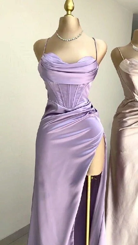 wrap dressLilac Lovely Straps Satin Dress Long Prom Dress with Slit, DP2908