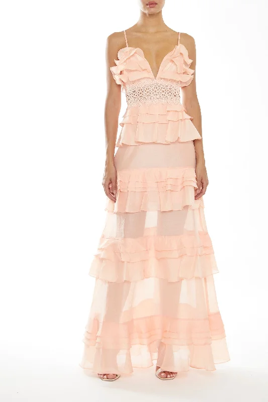 sleek dressSophia Soft-Peach Plunge Front Tiered Ruffle Maxi-Dress