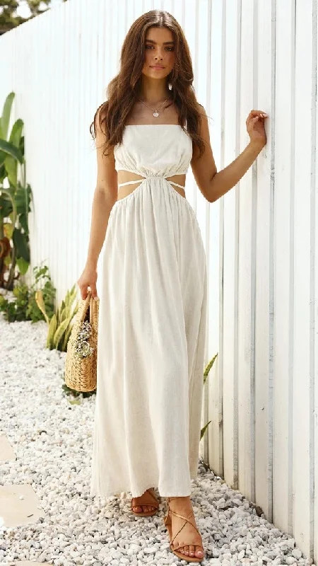 casual dressRachelle Linen Blend Cutout Halter Maxi Dress - Taupe