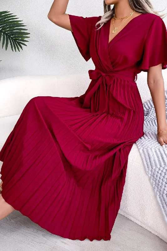 office dressWOMEN CAPE SLEEVE TIED WAIST PLEATED LONG DRESS