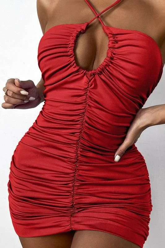 layered dressSEXY HALTER NECK RUCHED FRONT MINI DRESS