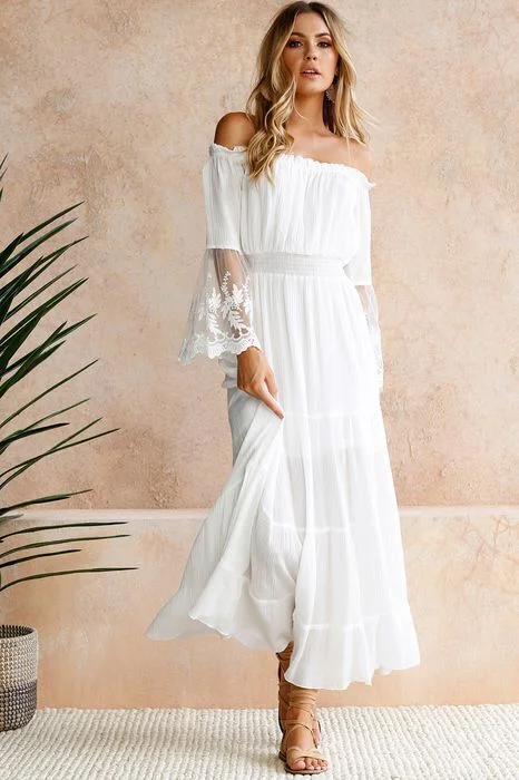 ashionable dressAllison Crochet Off The Shoulder Maxi Dress - Ivory