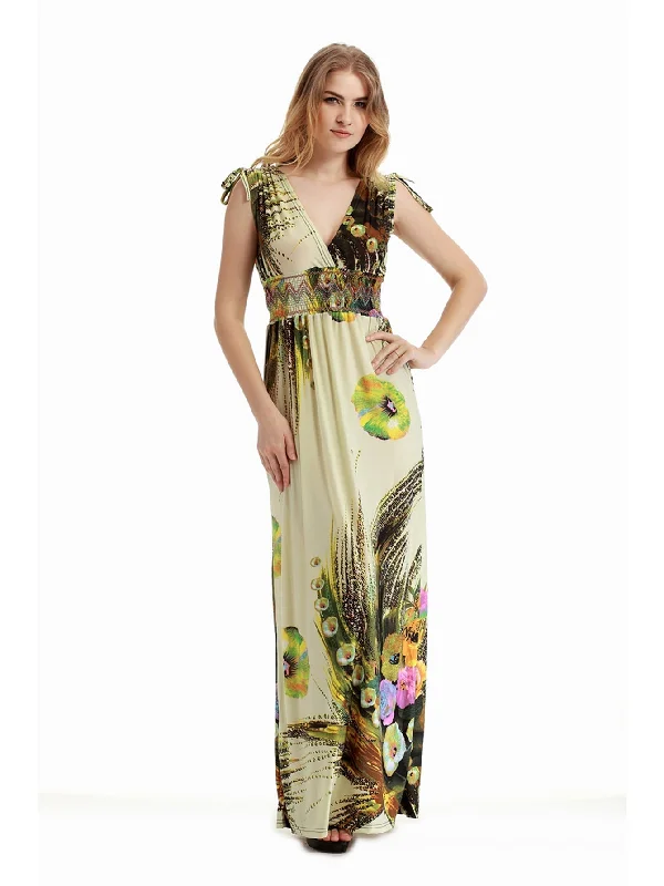 boho dressKittenAlarm - Plus Size M-6XL Surplice Front Elastic Waist Beige Camellia Maxi Dress