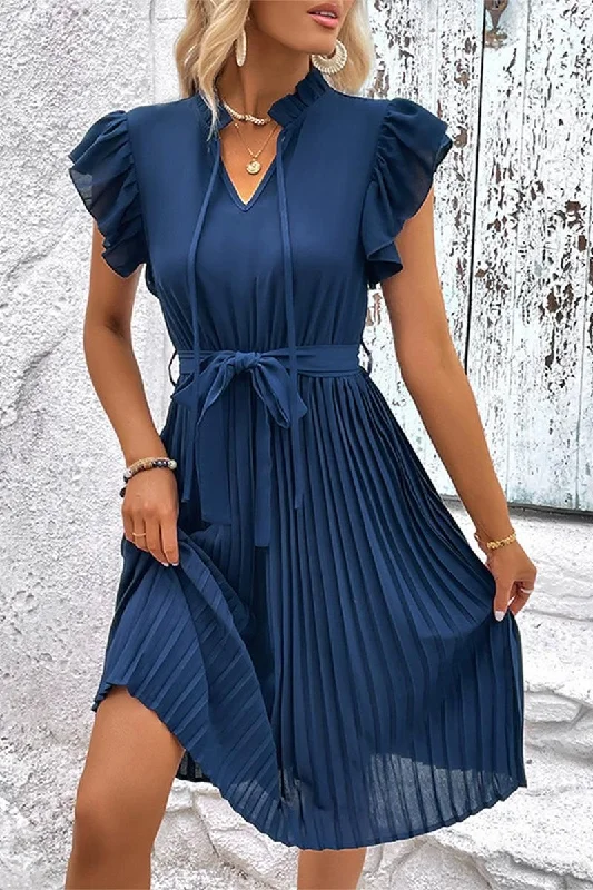 mini dressWOMEN RUFFLED HIGH NECK PLEATED KNEE LENGTH DRESS