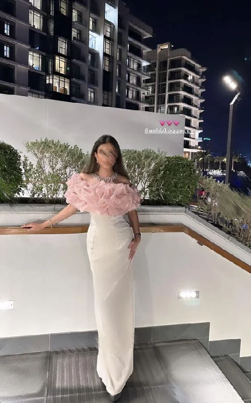 evening dressWhite and Pink Off Shoulder Mermaid Long Evening Party Dress, DP3155