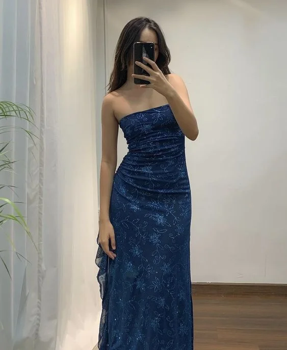 romantic dressNavy Blue Strapless Sheath Glitter Long Evening Party Dress, DP3011