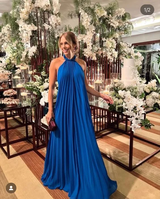 draped dressRoyal Blue Halter A-Line Pleated Long Party Dress Wedding Guest Dress, DP3591