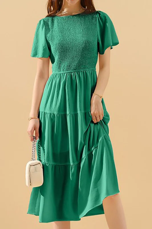 casual shift dressSHORT BELL SLEEVE CREW NECK SWING DRESS