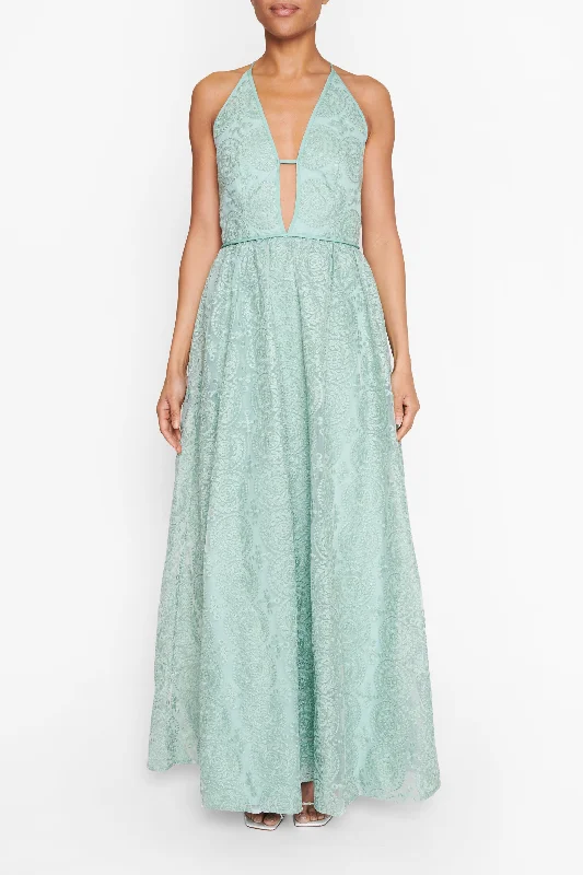 vintage-inspired dressMatilda Dusty-Green Embroidery Plunge-Front Cross-Back Maxi-Dress