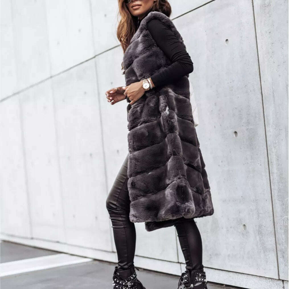 puffer jacketWomen Long Faux Fur Autumn Winter Long Round Neck Fur Vests Coat Overcoat Sleeveless High Waist Solid Color