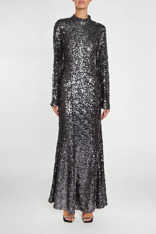 trendy wrap dressVanessa Dark Pewter Sequin Open Back Maxi Dress