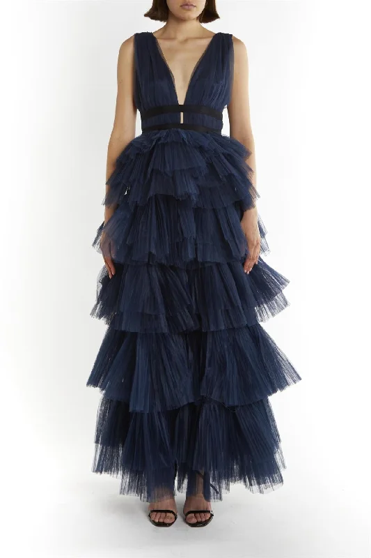 floral midi dressEliza Dark-Navy Plunging-Neck Fully-Lined Layered Tulle Skirt Maxi-Dress