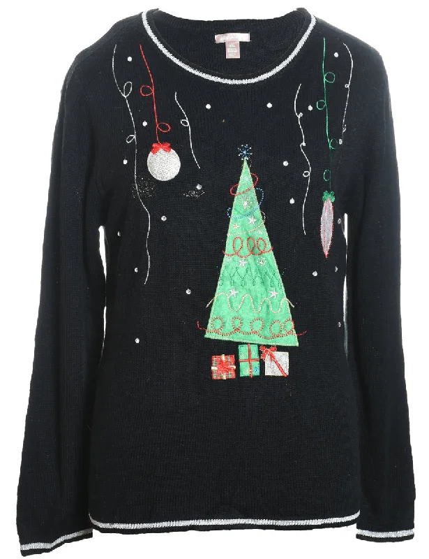 comfortable coatFestive Season Black Embroidered Design Jumper - L