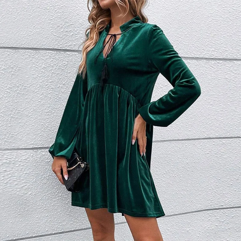 office dressBUBBLY LONG SLEEVED V NECK LACE UP VELVET DRESS_CWDSD3235