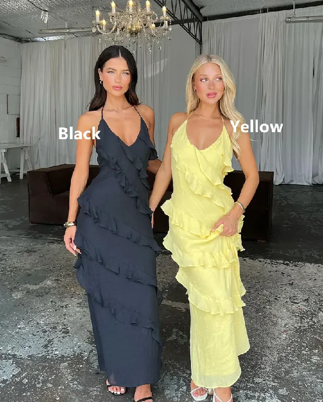 trendy dressYellow Halter Sheath Ruffles Long Party Dress Wedding Guest Dress, DP2962