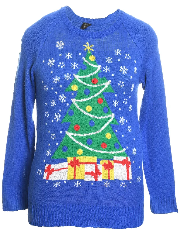 soft shell coatChristmas Tree Design Blue Knit Jumper - S