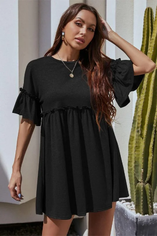 ruffle dressWOMEN SHIRRED CREWNECK MINI RUFFLE DRESS