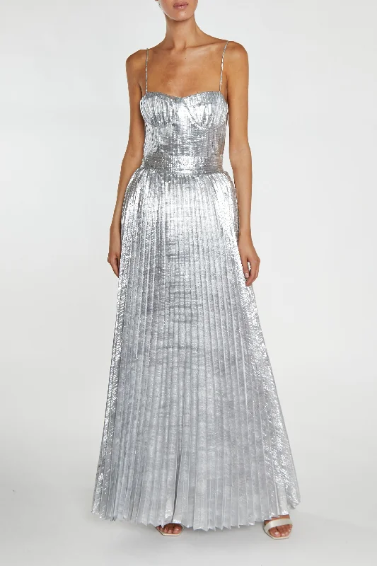 printed dressKate Silver Crinkle Pleated Strappy Maxi Dress