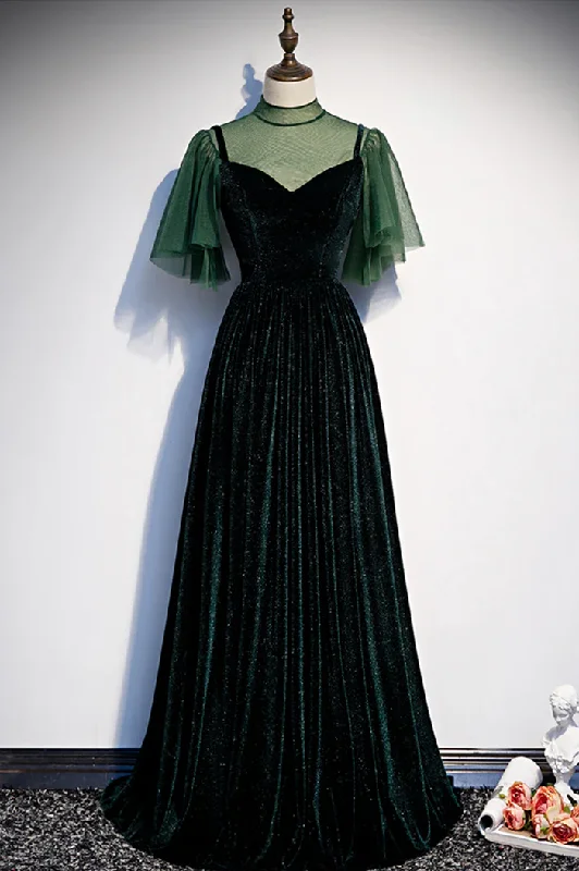 party dressGreen Velvet A-Line Long Prom Dress, Green Formal Evening Dress, DP3185