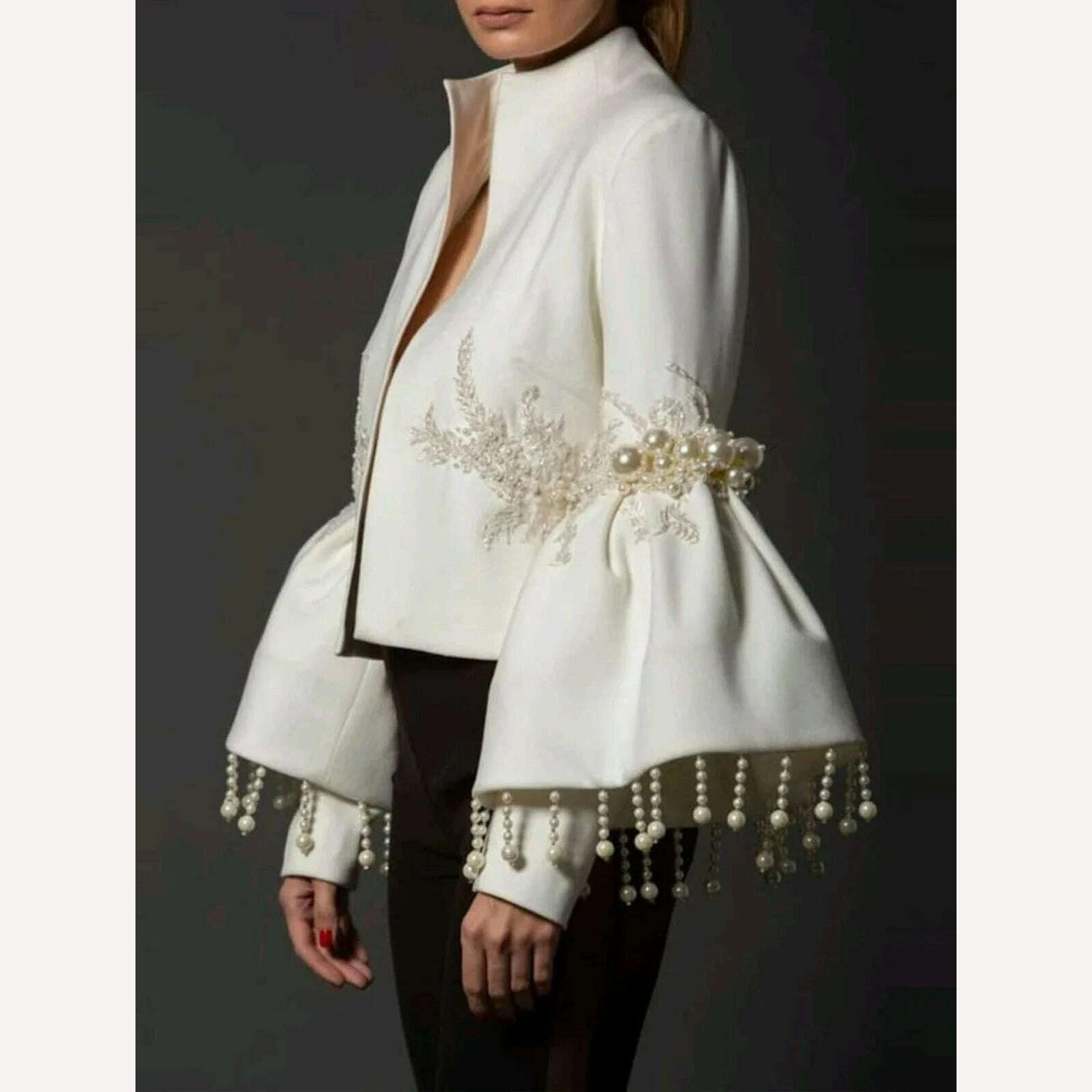 comfortable coatWomen Pearl Tassel Jacket Fashion Elegant Stand Collar Pearl Fringed Decor Embroidery Flare Sleeve Coat Spring Autumn Outwear