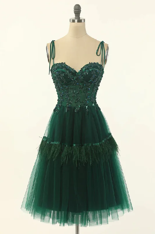 boho dressGreen Sweetheart Tie-Strap A-Line Tulle Short Homecoming Dress,DP1541