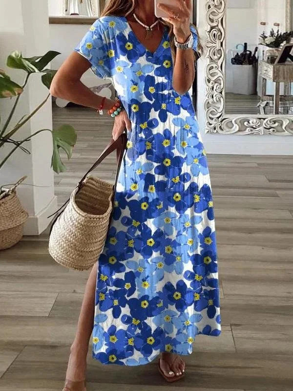 bodycon dressFlower Print V-Neck Short Sleeve Split Dress