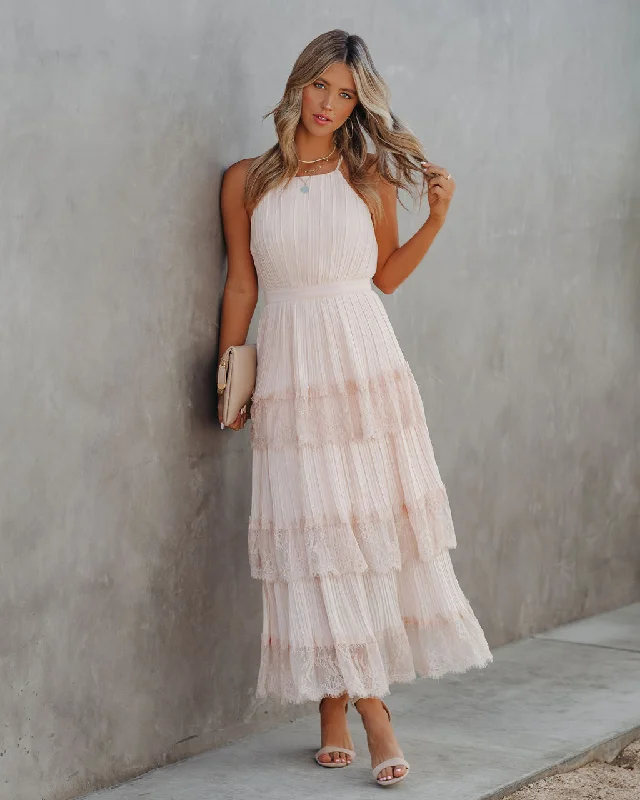 elegant evening dressKittenAlarm - Affection Pleated Tiered Lace Maxi Dress - Blush