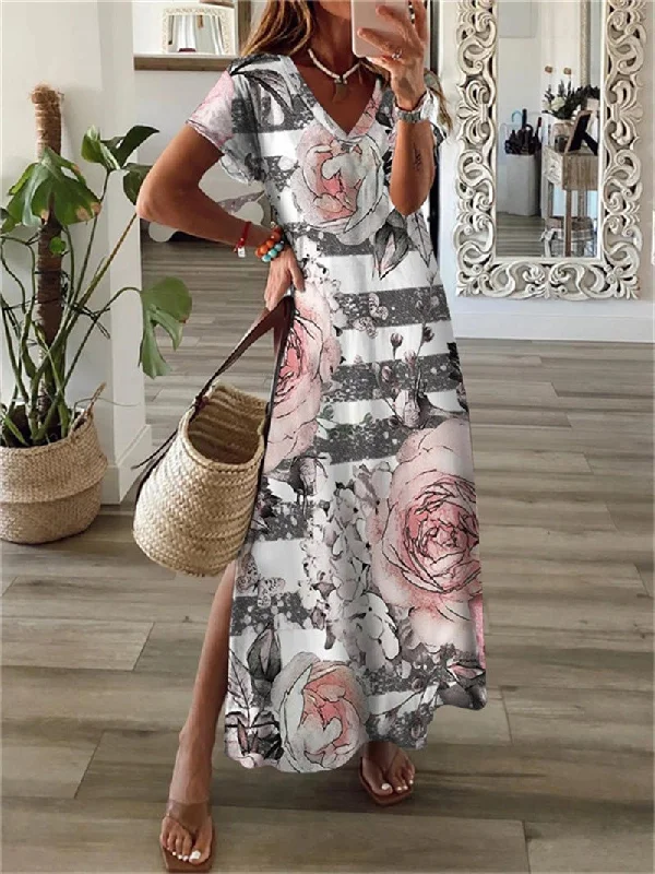 relaxed fit dressPrinted V-Neck Short Sleeve Slit Dress