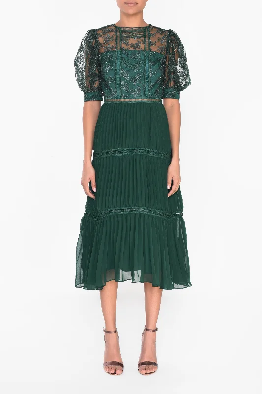 casual dressEmerald Green Metallic Pleated Midi Skater Dress