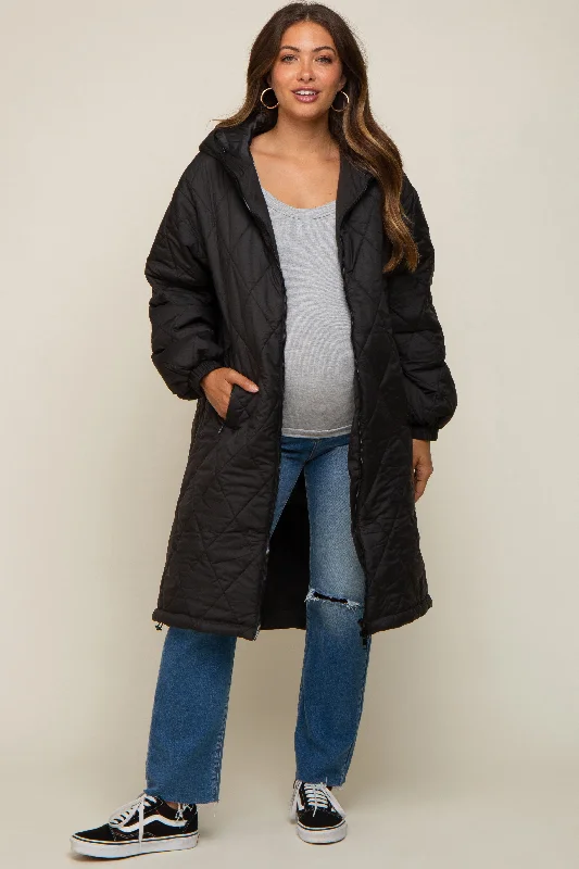 stylish peacoatBlack Quilted Long Maternity Puffer Jacket