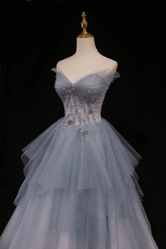 velvet dressLight Blue Sweetheart A-Line Beading Tulle Long Prom Dress Birthday Outfit, DP3358