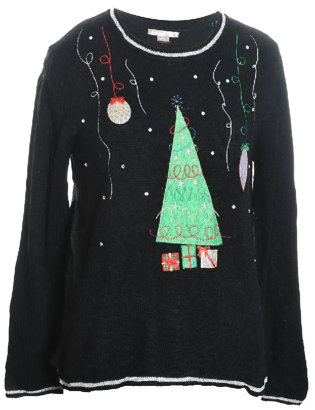 versatile coatChristmas Tree Design Black Embroidered Knit Jumper - M