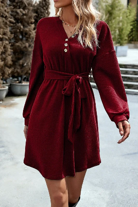 puff sleeve dressWOMEN HENLEY NECK WAIST BELTED LONG SLEEVE DRESS