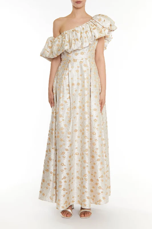 sleeveless dressBlake Cream Gold Jacquard Puff One Shoulder Maxi-Dress