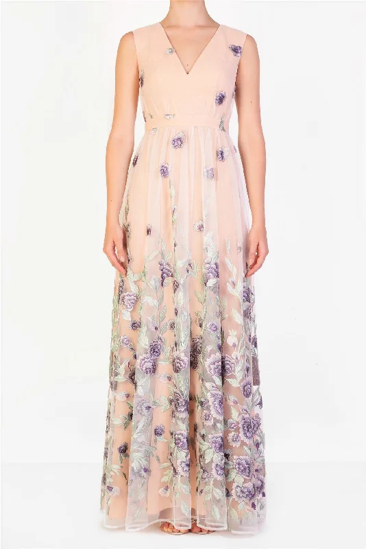 knit dressLena Nude Lilac Embroidered Sleeveless V-Neck Maxi Dress