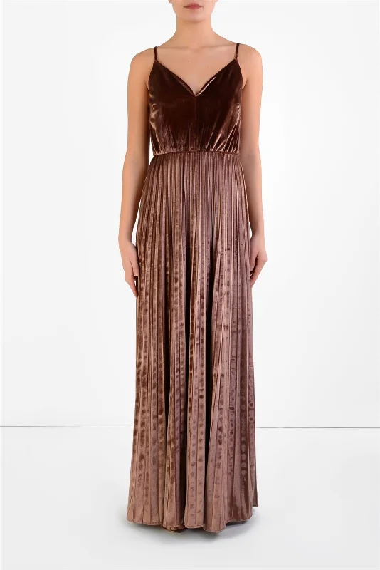 casual summer dressGwen Copper Velvet Pleated Velvet Maxi Dress