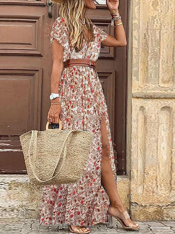 summer floral dressBohemian Long Short Sleeve Printed V Neck Slit Dress