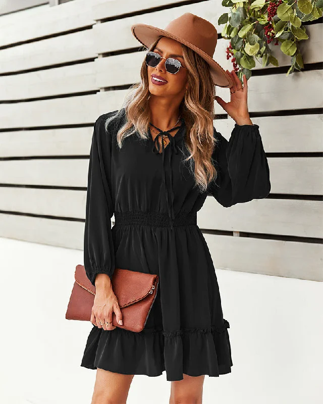 trendy mini dressIndy Billowed Ruffle Dress - Black