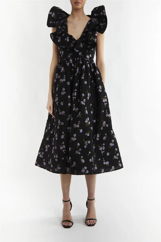 minimalistic dressPeyton Black-Lilac Brocade Ruffle Midi Dress