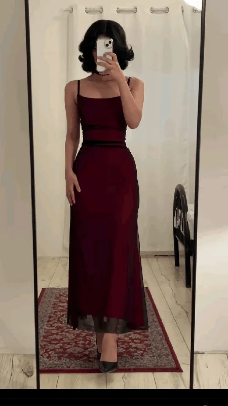 fitted dressBurgundy Spaghetti Straps Sheath Tulle Long Party Dress, DP2911