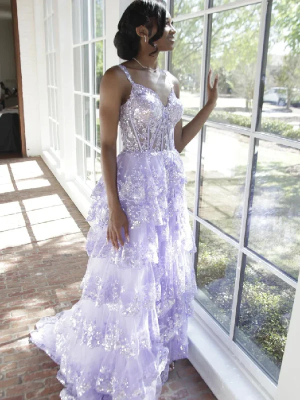 boho dressLilac Straps A-Line Lace Tulle Long Formal Prom Dress, DP2814